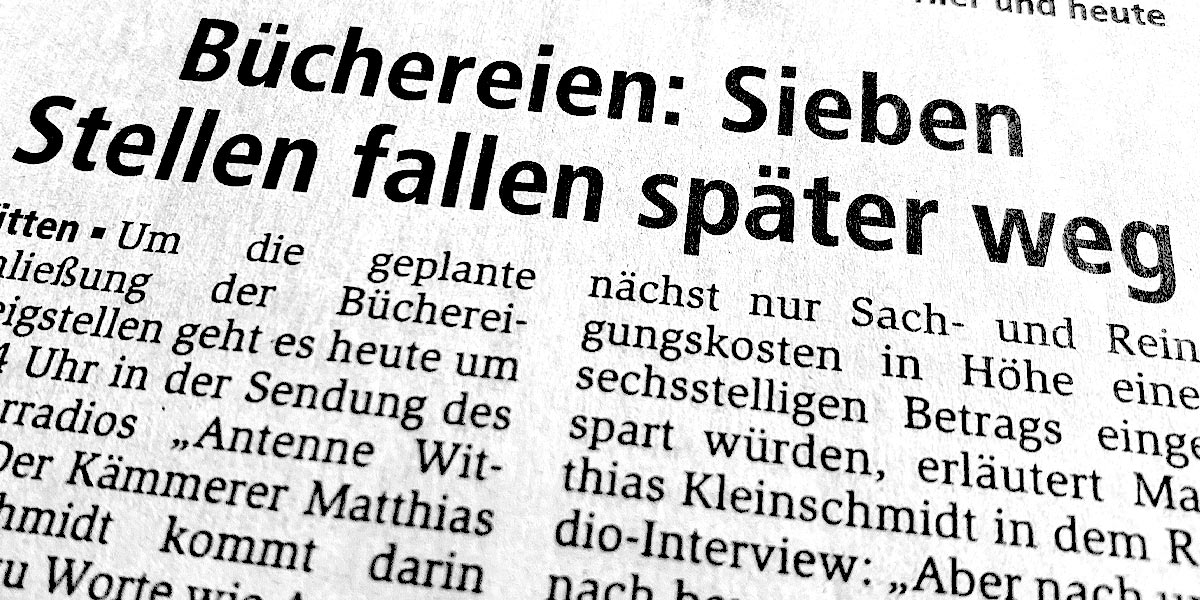 Bücherei: Sieben stellen fallen später weg. Ruhr-Nachrichten, Lokalteil Witten am 16. Januar 2002